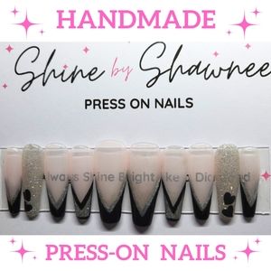 Handmade Luxury Press-On Nails | Sturdy & Reusable | BLACK N SILVER FRENCHIE
